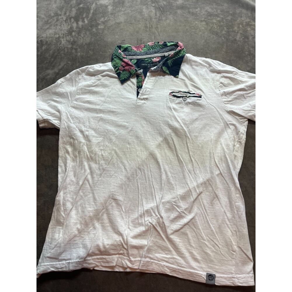 Free Planet Men's White Hawaiian floral print Short Sleeve Shirt Medium polo